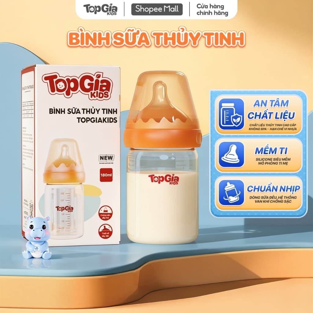Bình sữa Topgiakids thủy tinh 180ml cao cấp núm ti silicone siêu mềm có van chống sặc giảm đầy hơi