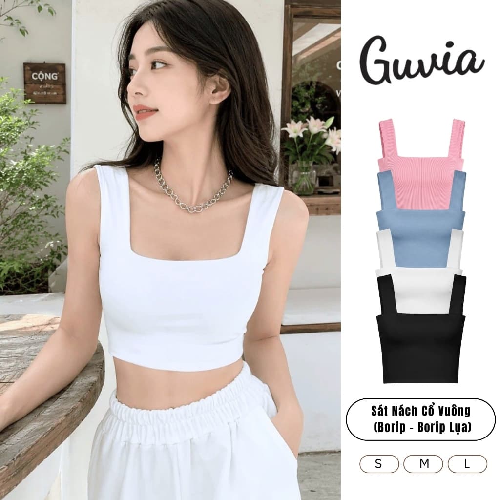 Áo Croptop HAI DÂY BẢN TO Không Tay Sát Nách Cổ Vuông Ôm Body, Áo Thun Ba Lỗ Cổ U Kiểu Nữ Cotton Co Dãn GUVIA CR17