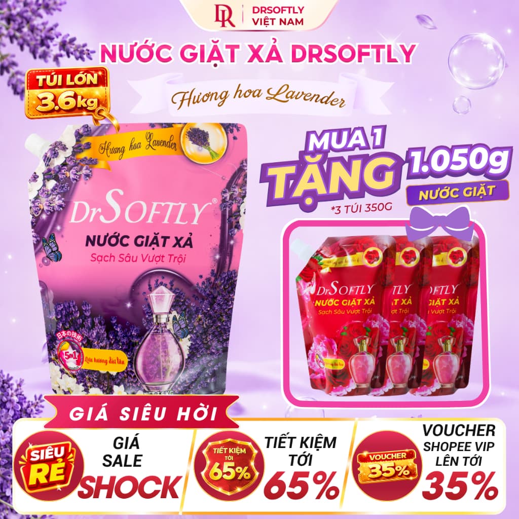 [Combo 3.6KG TẶNG 1050G] Nước Giặt Xả DrSoftly 5in1 Hương Nước Hoa/Lavender - Giặt Sạch, Xả Mềm, Lưu Hương Lâu,Tiết Kiệm