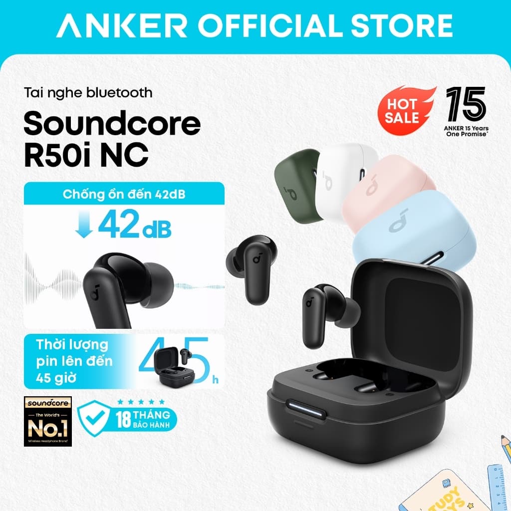 Tai nghe bluetooth soundcore R50i NC, chống ồn chủ động thông minh, bass mạnh, pin 45H, chống nước IP54