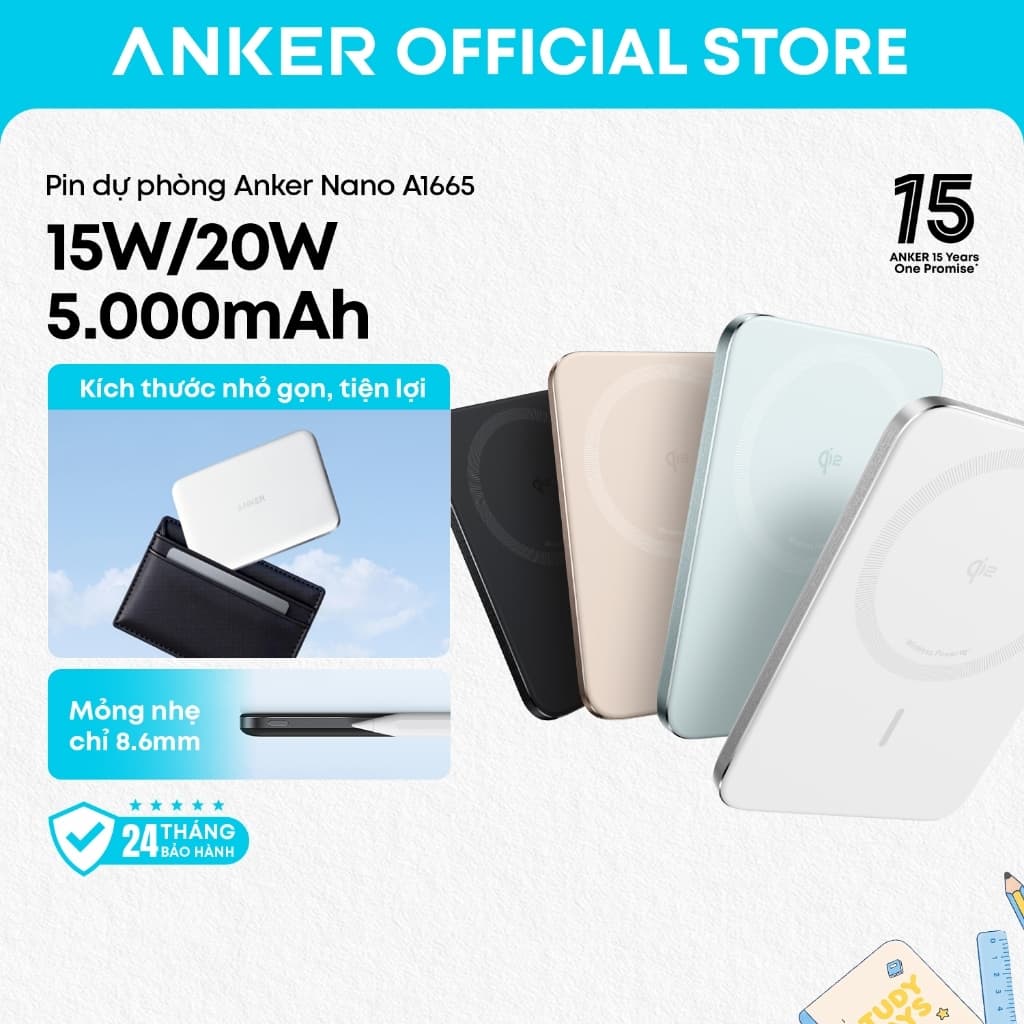 Sạc dự phòng Anker Nano A1665 5000mAh chuẩn Qi2, sạc nhanh 15W, tương thích iPhone 17/16/Samsung