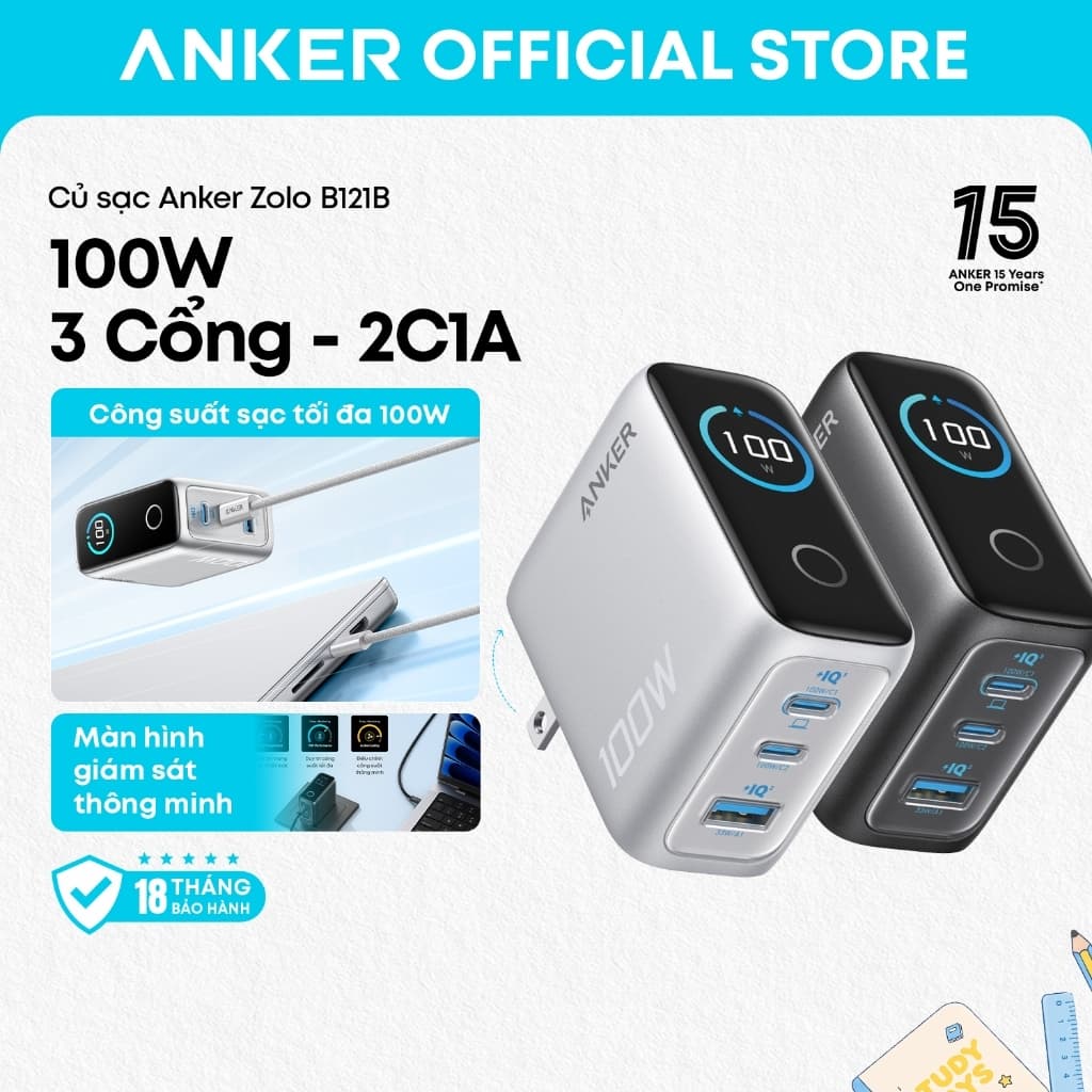 Củ sạc nhanh Anker B121B 100W 3 cổng 2C1A, thiết kế chân gập nhỏ gọn, tích hợp màn hình thông minh, tương thích iPhone
