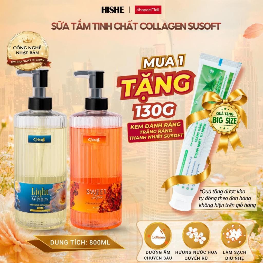 [ Tặng Tuýp KĐR 130G] Sữa tắm Nước hoa Susoft 800ML hương SweetLove, Dubai dưỡng da ẩm mịn, lưu hương lâu 8H