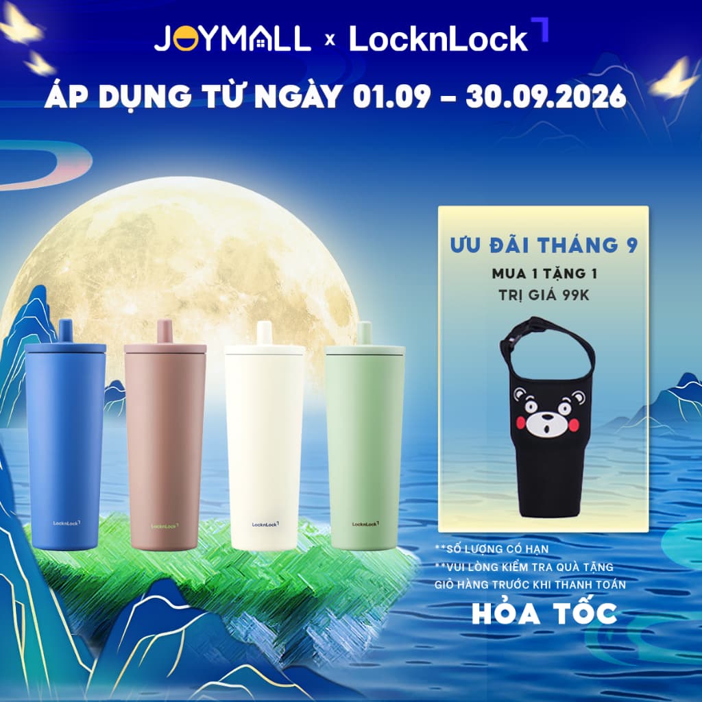 Ly giữ nhiệt thép phủ sứ LocknLock LHC4156 740ml, hàng chính hãng, ống hút bật tự động kèm nắp che  - JoyMall