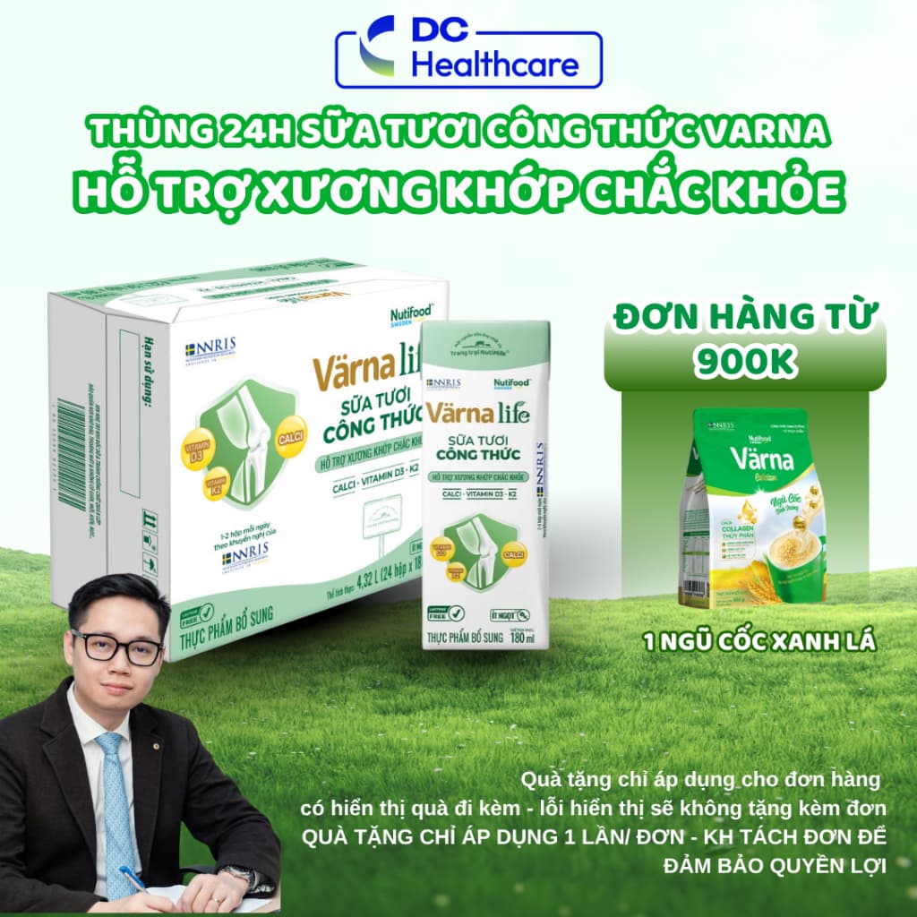 1 Thùng 24 hộp SỮA XƯƠNG KHỚP Varna Life Sữa Tươi Công Thức Hỗ Trợ Xương Khớp Chắc Khỏe (Xanh) ( 24 hộp x 180ml)