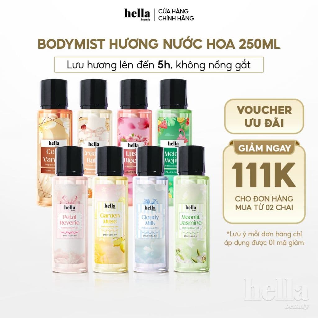 (MUA 2 GIẢM THÊM 111K) Xịt thơm body mist hương nước hoa Hella Beauty 250ml lưu hương lâu, an toàn cho da nhạy cảm