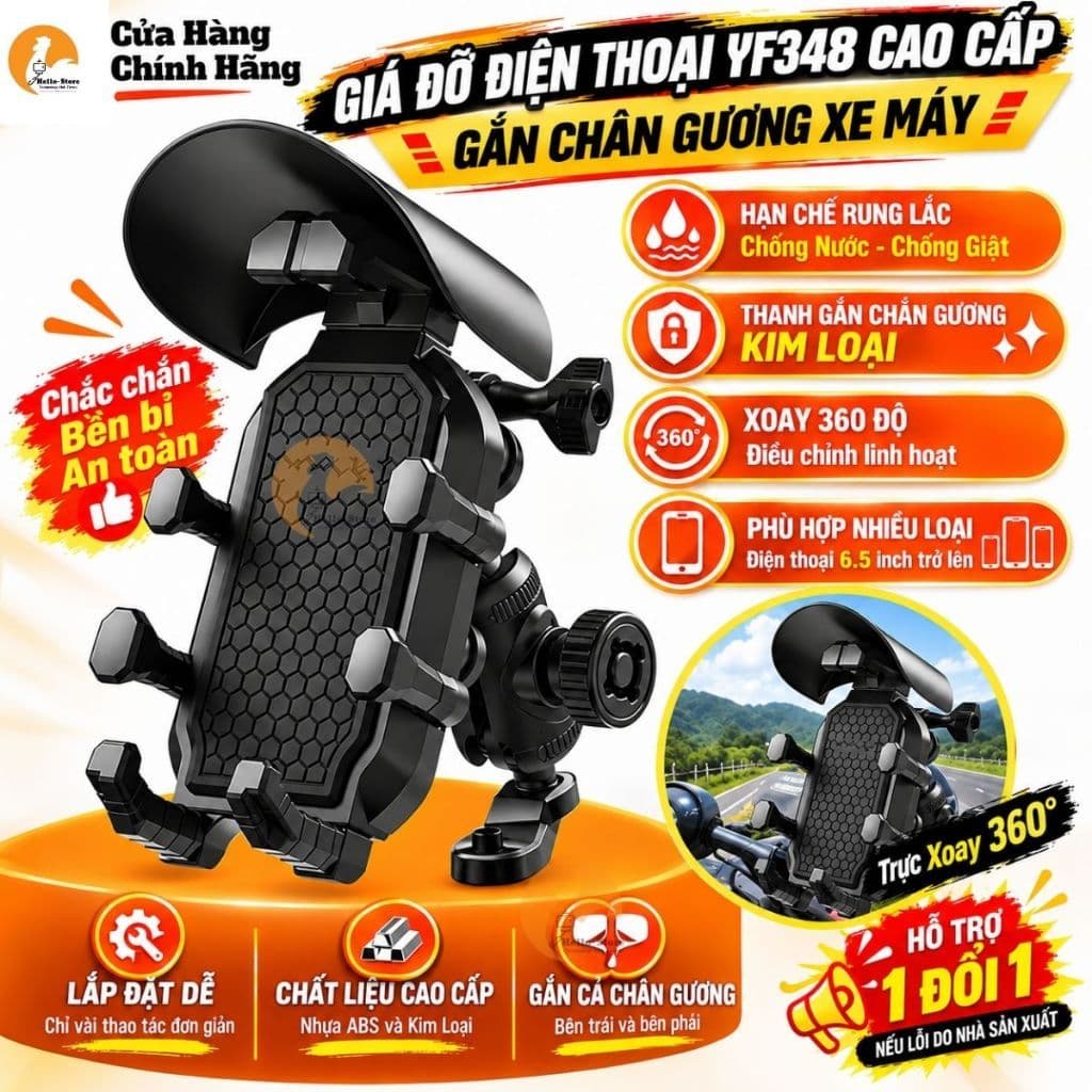 Giá Đỡ Điện Thoại Xe Máy Chống Rung Chống Nước Chống Giật Kim Loại Có mái Che Chân Gương Xịn Cao Cấp Xe Ga Hello Store