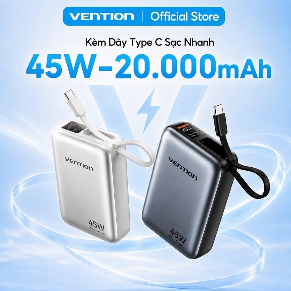 Sạc Dự Phòng 20000mAh 45W Vention PD3.0 Tốc Độ Cao,Thiết Kế Nhỏ Gọn, Tích Hợp Dây Type-C, Cho Điện Thoại,Tai Nghe,Tablet
