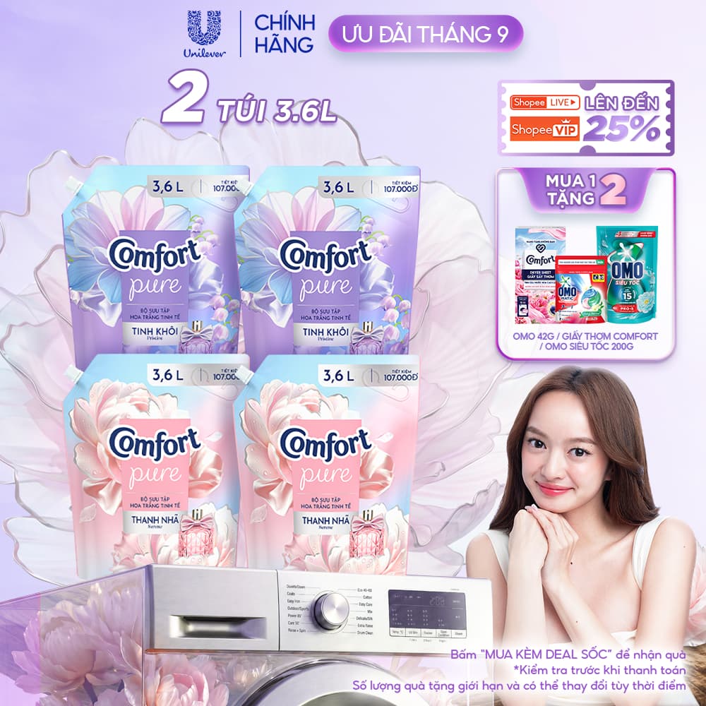 Combo 2 Nước Xả Vải Comfort Hoa Trắng Thanh Nhã Túi 3.6L