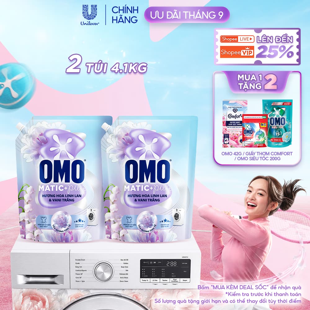 Combo 2 Nước giặt OMO Matic Pure Cửa Trước Hương Linh Lan & Vani Trắng 4.1KG (túi)