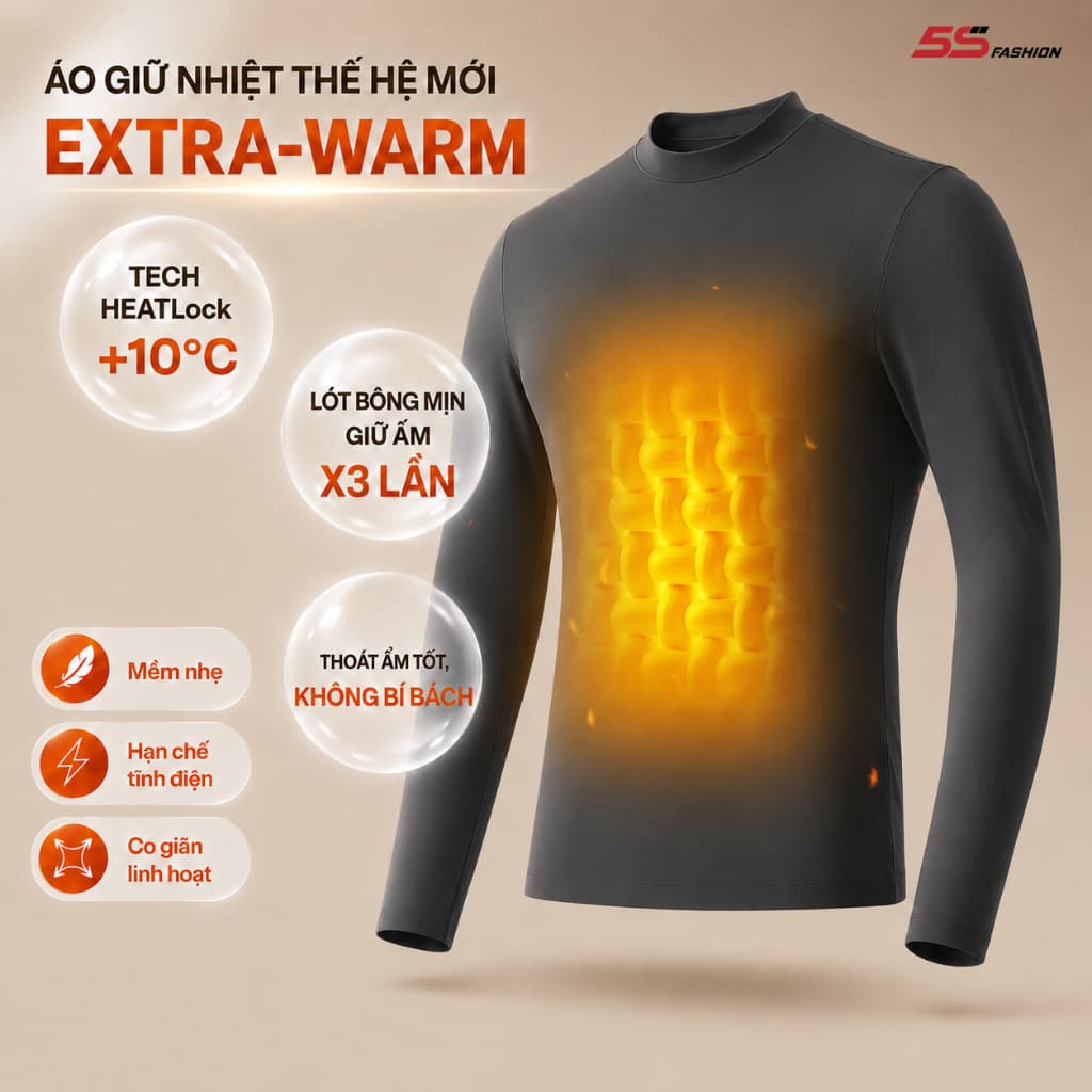 [GIÁ MỞ BÁN] Áo Giữ Nhiệt Nam HEATLock ETRA-WARM 5S FASHION Lót Bông Nỉ Cực Ấm, Trơn Basic M0AGN25105-25102