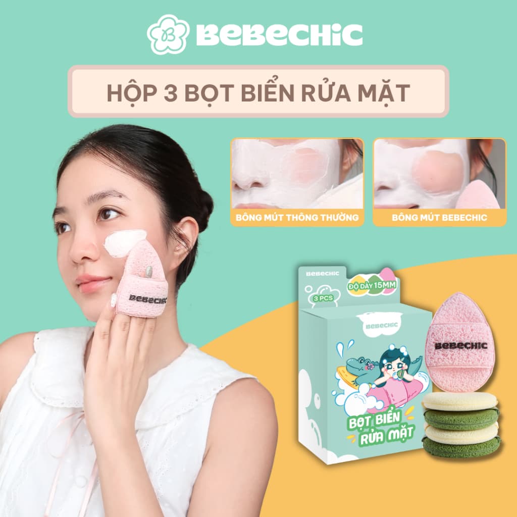 Bông Mút Bọt Biển Rửa Mặt BEBECHIC Mềm Mại, Hỗ Trợ Tạo Bọt, Làm Sạch Da Mặt Hiệu Quả (Hộp 3 Mút)