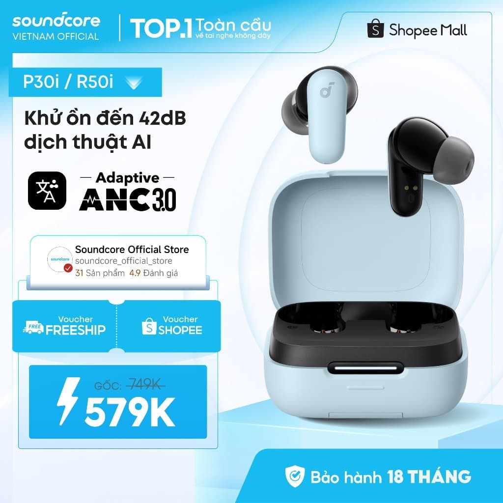 Tai nghe bluetooth soundcore R50i NC | Chống ồn ANC | Chống nước và bụi IP54 |40 giờ|Tích hợp phiên dịch