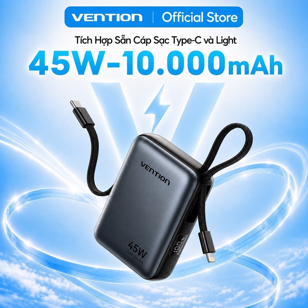 Sạc Dự Phòng 10000mAh 45W Vention Hỗ trợ PD3.0, Tích Hợp Cáp Sạc Type-C và Light,Thiết Kế Nhỏ Gọn