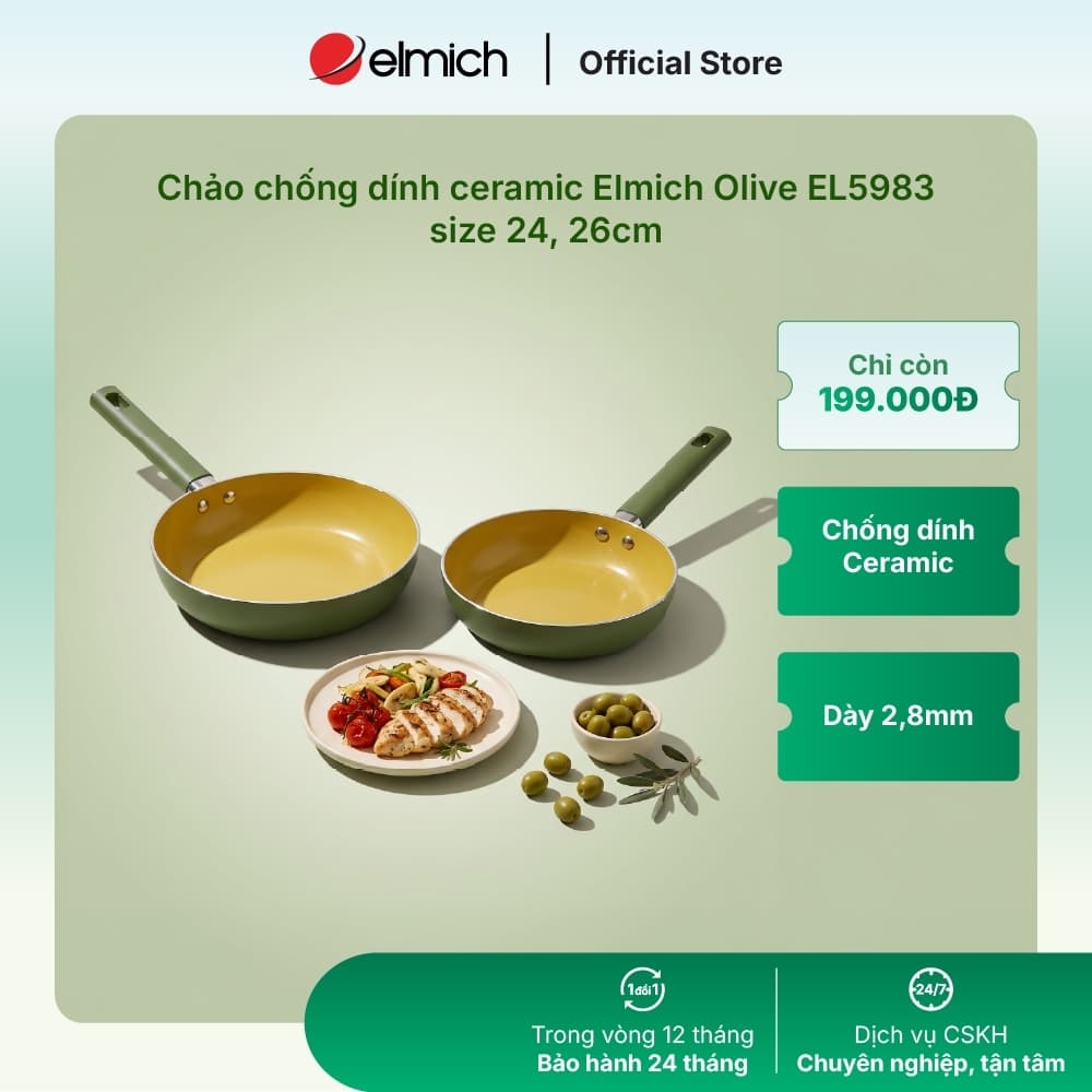 ( Độc quyền chỉ có trên Shopee) Chảo chống dính Ceramic CeraTitan Elmich Olive EL5983 size 24,26cm