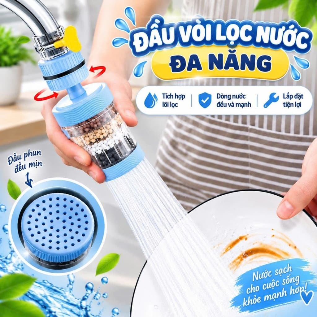Đầu vòi lọc nước trực tiếp 6 lớp Carbon xoay 360° tiện dụng 3x12cm