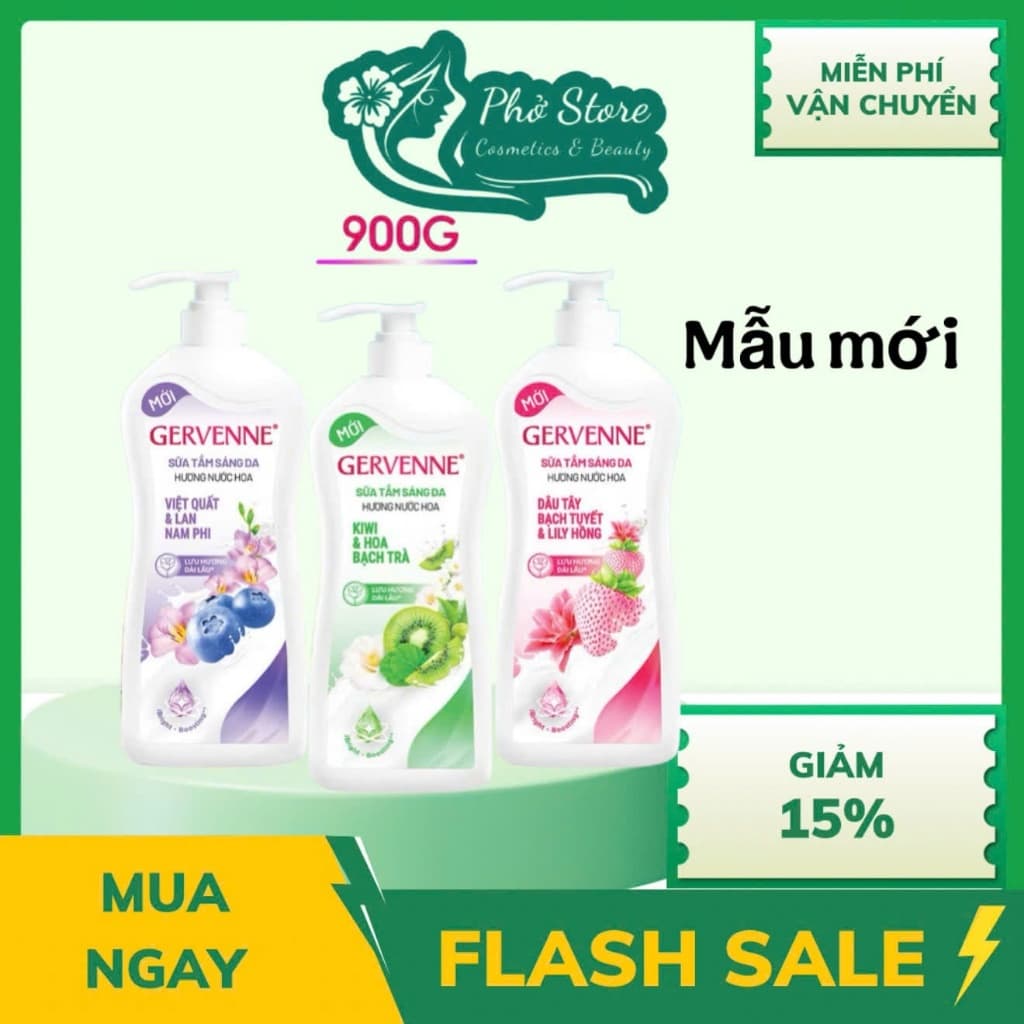 Sữa Tắm Trắng Da Hương Nước Hoa Gervenne 900g, 450g