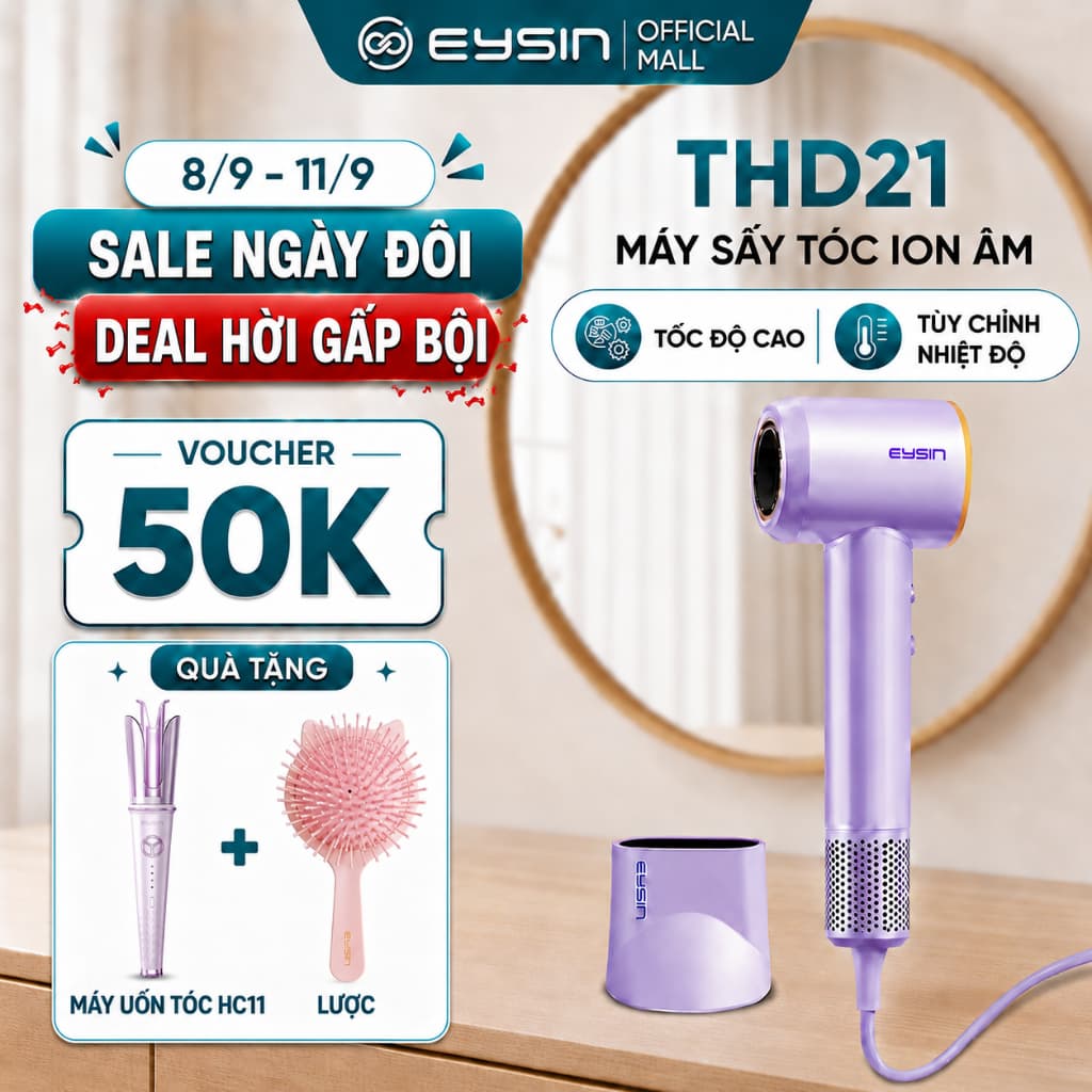 Máy sấy tóc EYSIN THD21 Tốc Độ Cao Công Suất 1600W 200 Triệu Ion Âm Nhỏ Gọn Nhanh Khô Tóc