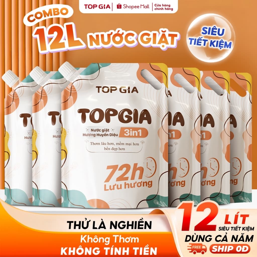 [SIÊU NHIỀU, TIẾT KIỆM] Combo 12L,8L Nước Giặt Xả 3in1 TopGia Hương Huyền Diệu Túi 2L, Lưu Hương 72H