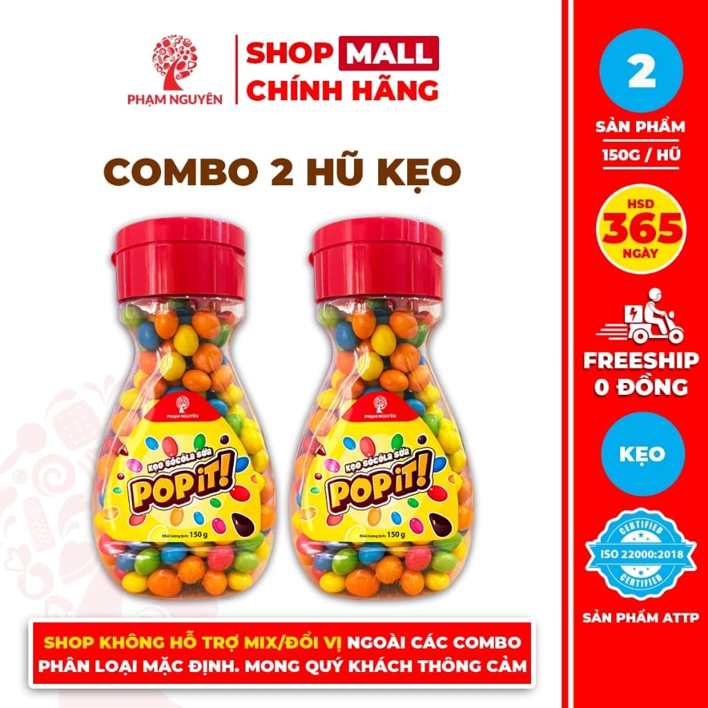 [ĐỘC QUYỀN ONLINE] Combo 2 Hũ Kẹo socola sữa Popit Phạm Nguyên 150g | Socola | Đồ ăn vặt