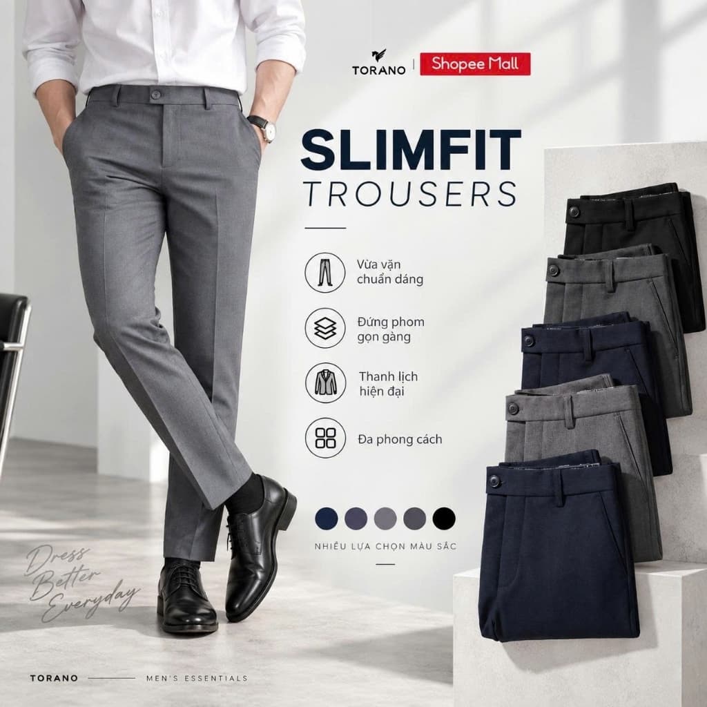 Quần âu nam SLIMFIT TROUSERS TORANO slim-fit cạp trơn chuẩn phom DABT900