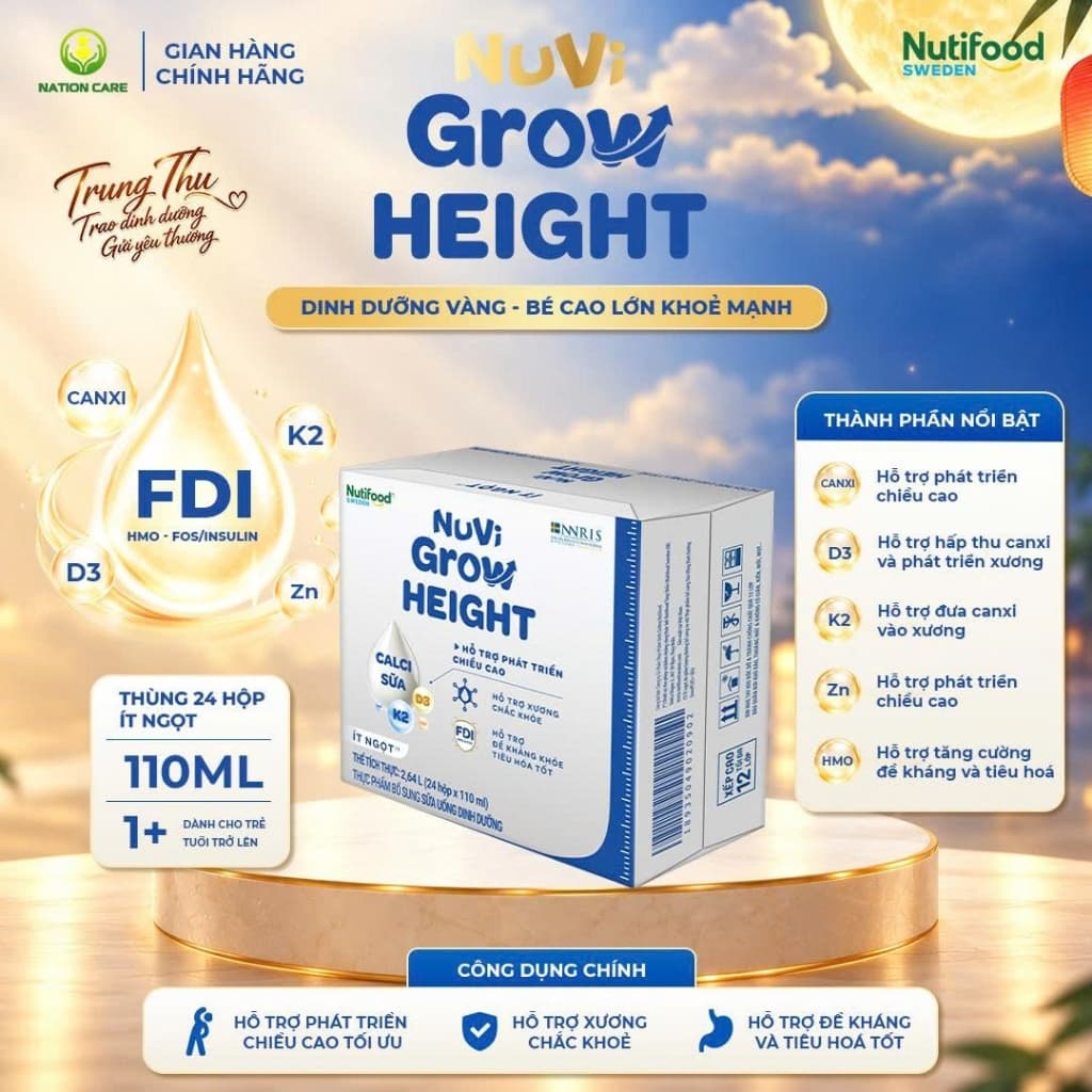 Nuvi Grow Height (Thùng 24 Hộp 110m Ít Ngọt ) - Sữa Nước Hỗ Trợ Phát Triển Chiều Cao