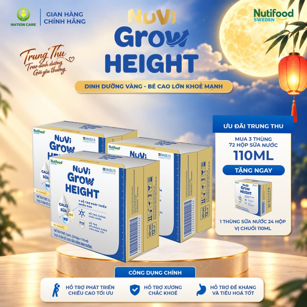 Sữa Nước Nuvi Grow Height (3 Thùng Tặng 1 Thùng 24 Hộp 110ml Chuối) - Hỗ Trợ Phát Triển Chiều Cao