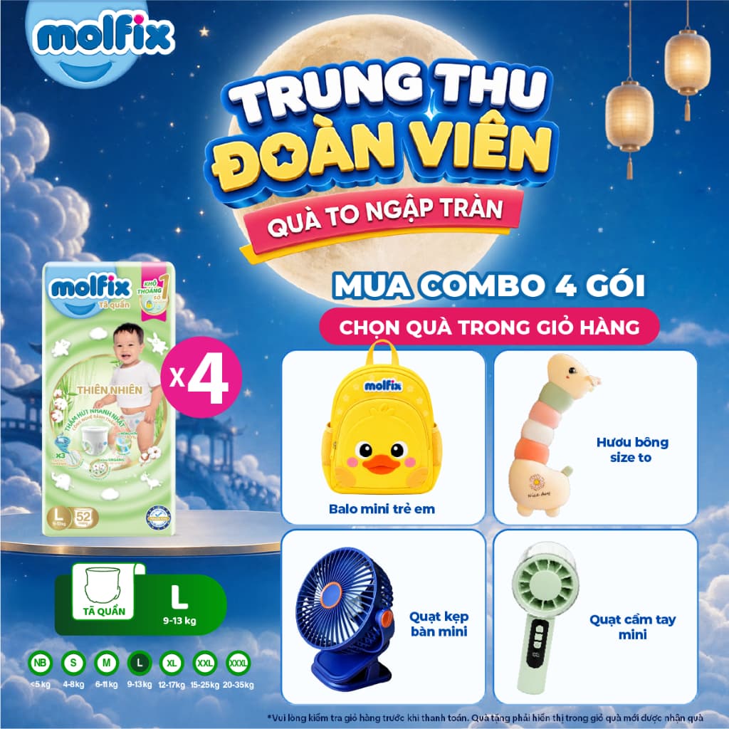 [Chọn QUÀ trong giỏ hàng] Combo 4 Tã/bỉm quần Molfix Thiên nhiên Super Jumbo đủ size M56/L52/XL46/XXL42