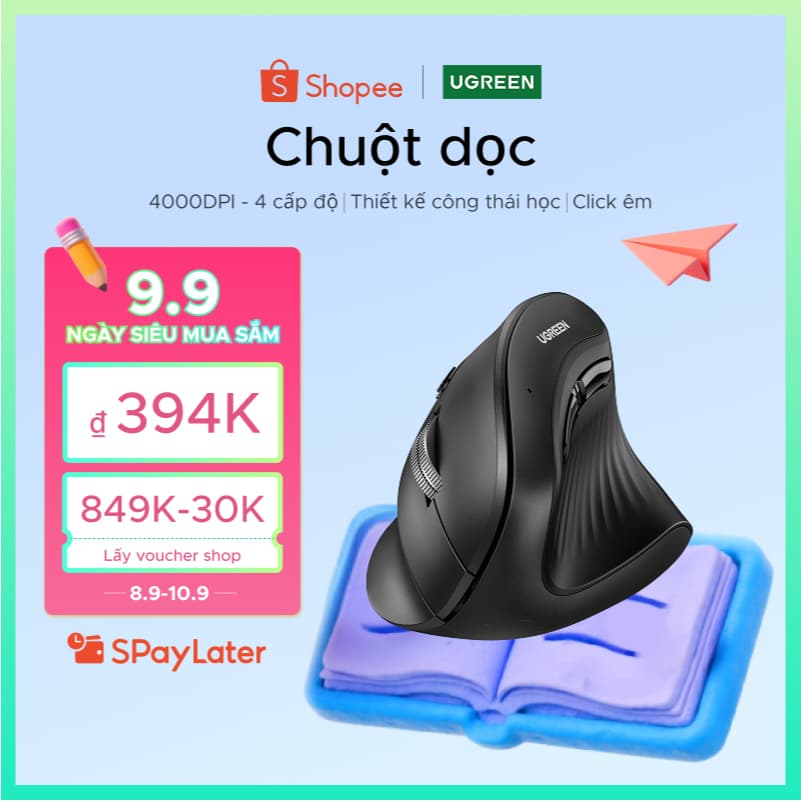 Chuột không dây UGREEN Công thái học dọc|4000DPI| Nhấp vào im lặng, Tương thích với máy tính xách tay, PC, Windows