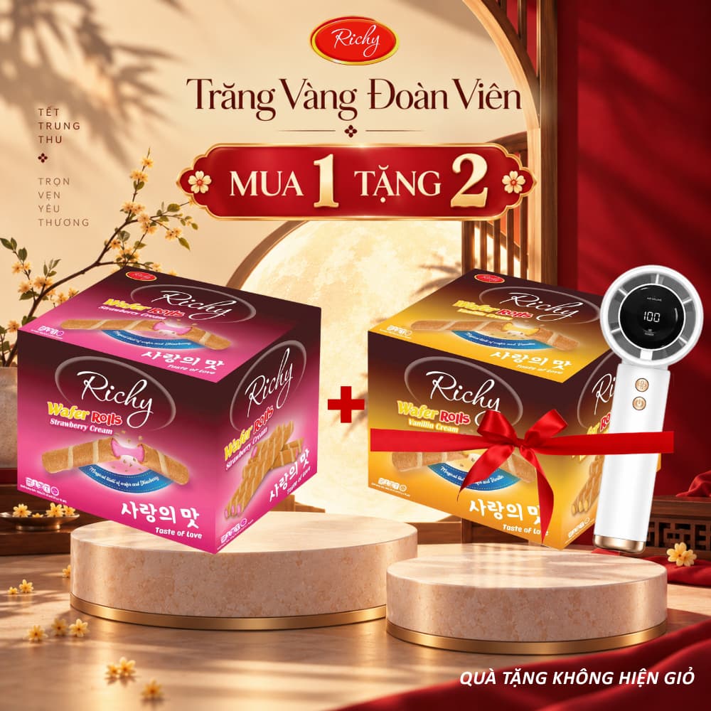 [GIAO NHANH] [MUA 1 TẶNG 2!!!] Hộp Bánh Quế Richy 352g (16 túi) Nhân Kem Các Vị: Socola,Dâu & Vani Ăn Vặt Tiện Lợi