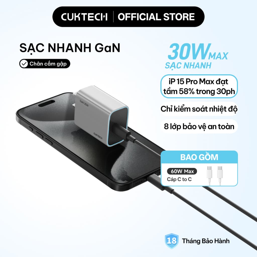 Củ Sạc Nhanh CUKTECH GaN 30W Mini Nhỏ Gọn Tương Thích 20W Cho iP 17/16/15/iPad/Samsung S26/Xiaomi 17