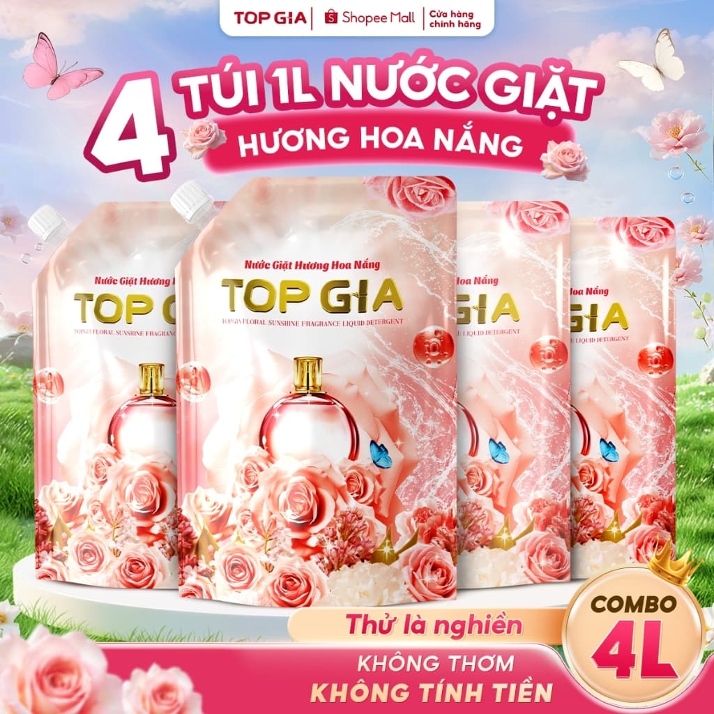 Nước giặt xả Top Gia hương hoa nắng dịu nhẹ túi 1L giúp làm sạch khuẩn sạch bẩn lưu hương 72H 0PT