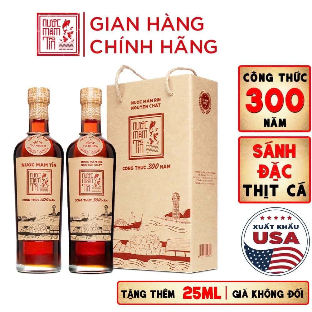 [Hộp 2 Chai] Nước Mắm Tĩn Nhãn Đỏ Độ Đạm 40N Chai Thủy Tinh 525ml Rin Nguyên Chất Truyền Thống Sạch Không Chất Bảo Quản