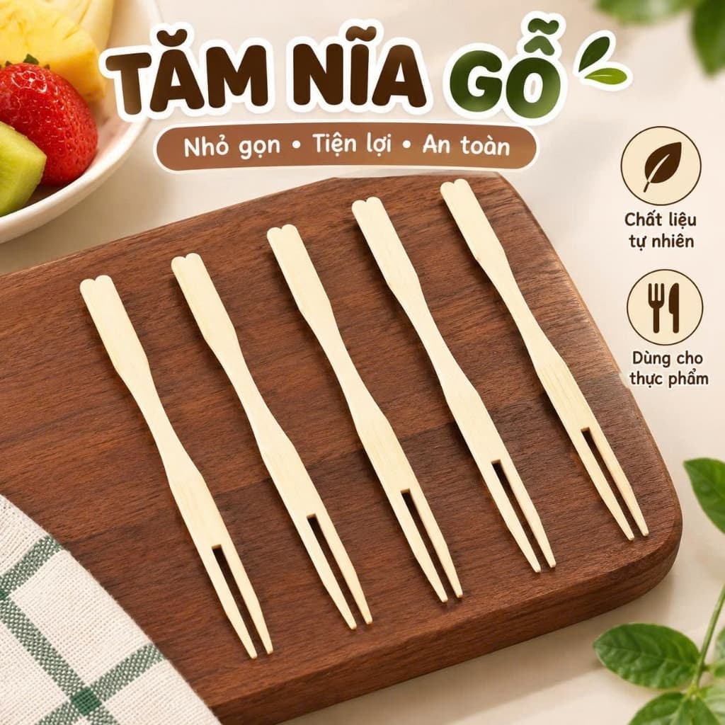 Bịch 100 nĩa trái cây bằng gỗ tre dùng một lần tiện lợi 9-10cm