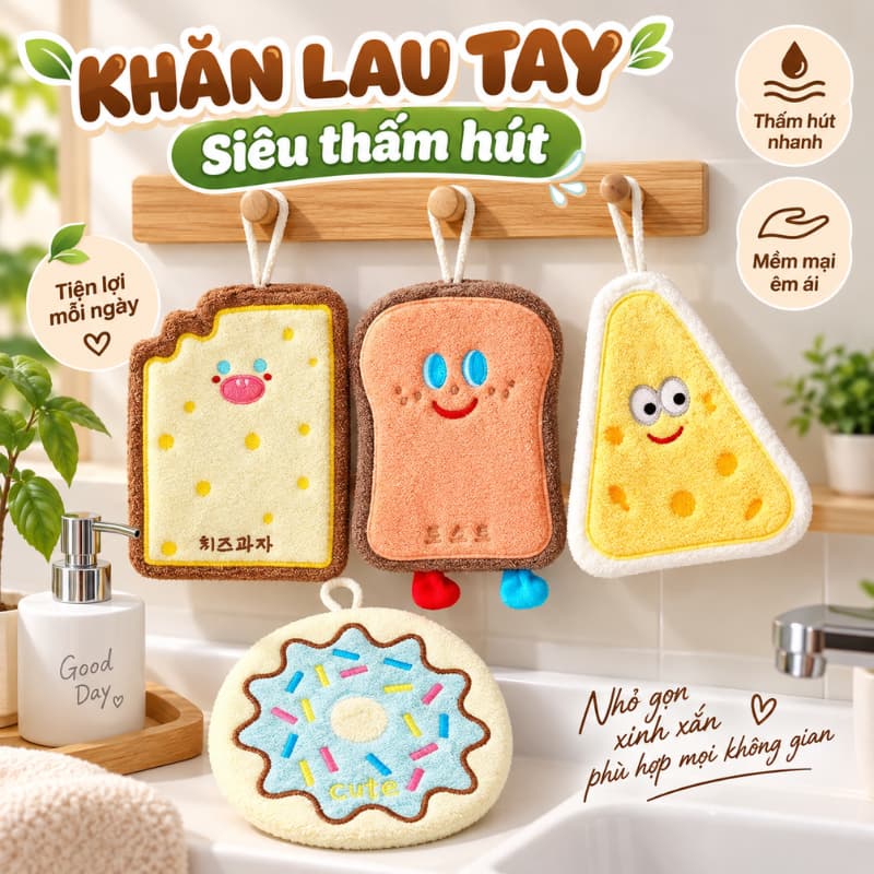 Khăn Lau Tay Siêu Thấm Hút Hình Bánh Mì Hoạt Hình Dễ Thương Treo Nhà Bếp, Nhà Tắm, Lau Khô Nhanh