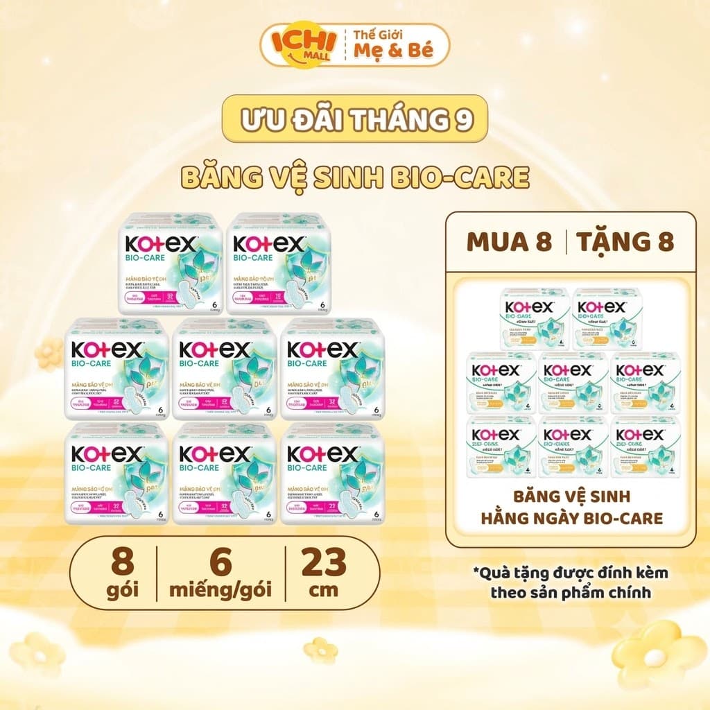 [MUA 8 TẶNG 8] Băng vệ sinh Kotex Biocare Ban Ngày siêu mỏng có cánh 23cm 6 miếng_Ichimall
