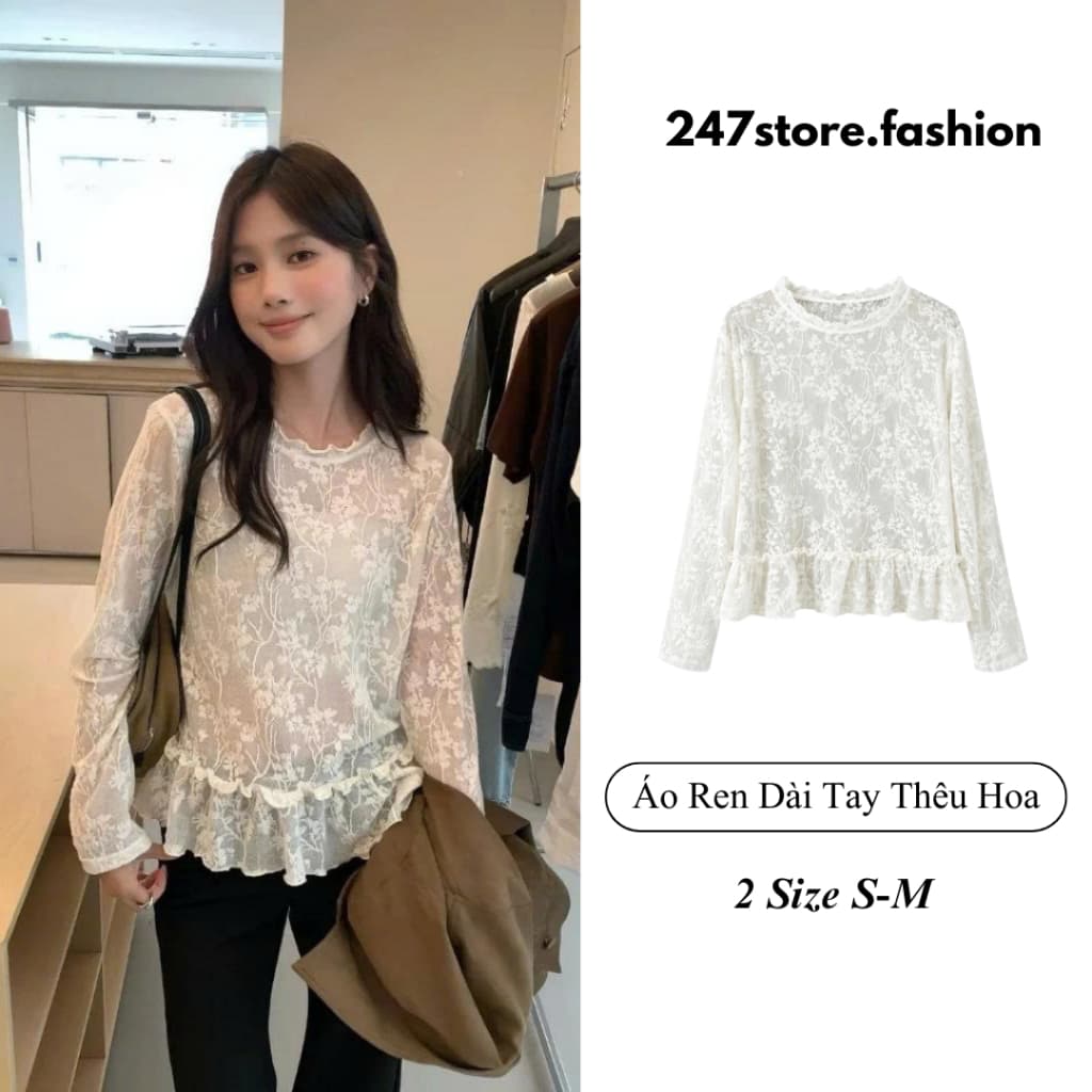 Áo Ren Nữ Dài Tay Thêu Hoa Cổ Tròn Chun Bèo, Áo Ren Hoa Nữ Phong Cách Hàn Quốc Thanh Lịch Mùa Thu Đông A.1012 247store