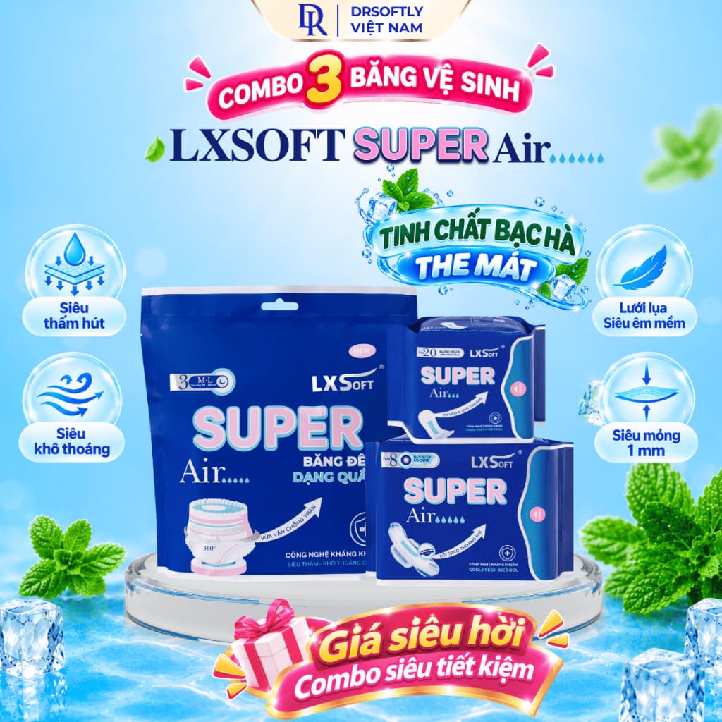 [Combo 3 gói] Băng Vệ Sinh LXSOFT Ngày & Đêm Siêu Mỏng 1mm, Smart Chip Bạc Hà Mát Lạnh, Kháng Khuẩn
