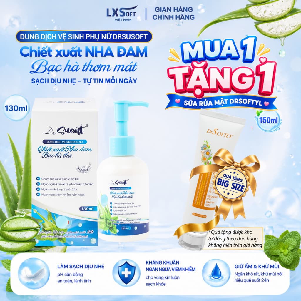 [ TẶNG TUÝP SRM 150G ] Dung dịch vệ sinh phụ nữ DrSusoft– Nha đam dưỡng ẩm, sạch thoáng tự nhiên, cân bằng độ Ph– 130ml