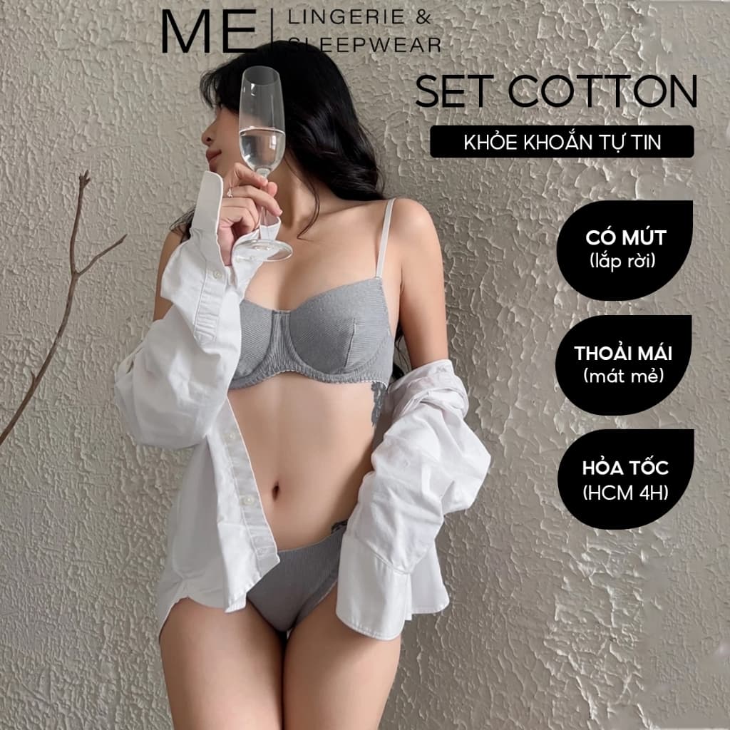 Lingerie Bộ đồ lót cotton gân có gọng có mút sẵn lắp rời màu ghi trẻ trung kiểu dáng bắt mắt ME MELINGERIE