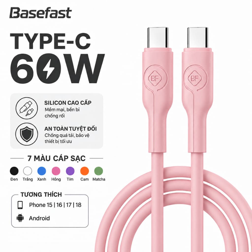 Dây sạc nhanh Type C 60W basefast cáp sạc C to C cao su non siêu bền cho Phone 15 16 17 samsung...