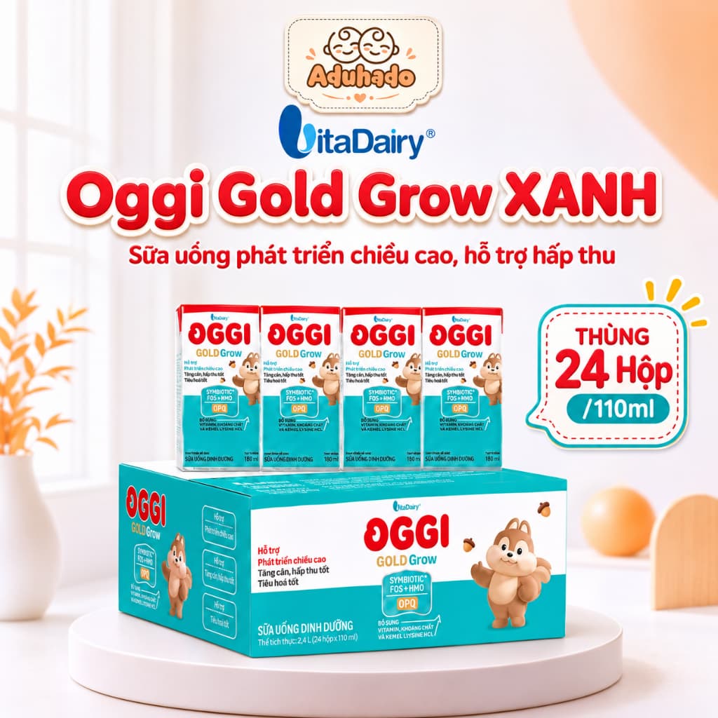 [ VITADAIRY ]Sữa OGGI GOLD GROW Xanh Phát Triển Chiều Cao Tăng Cân Hấp Thu Tiêu Hóa Thùng 24H/110ml
