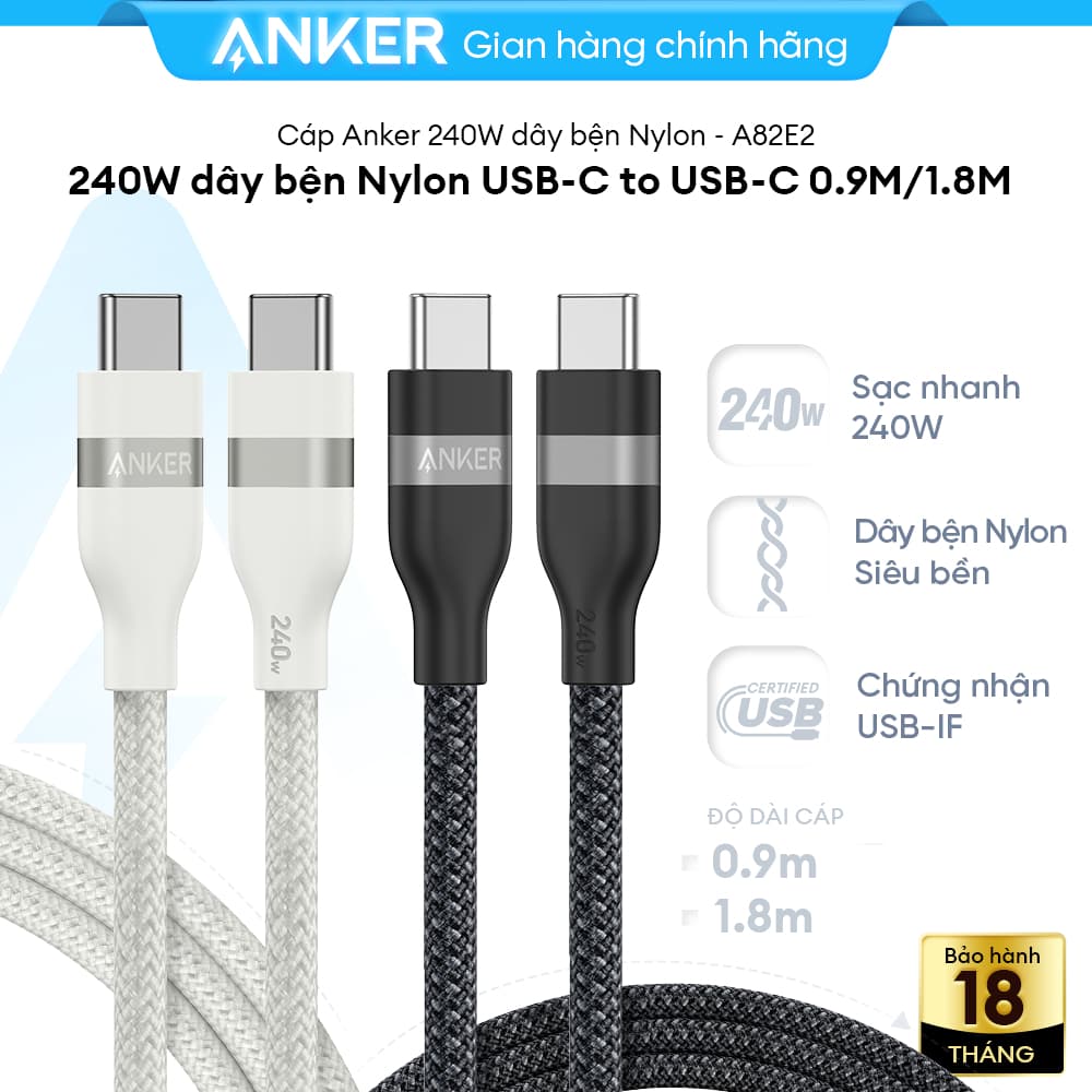 [5A] iP15-18, Android | Cáp sạc nhanh Anker 240W dây bện Nylon USB-C to USB-C dài 0.9m- A82E2