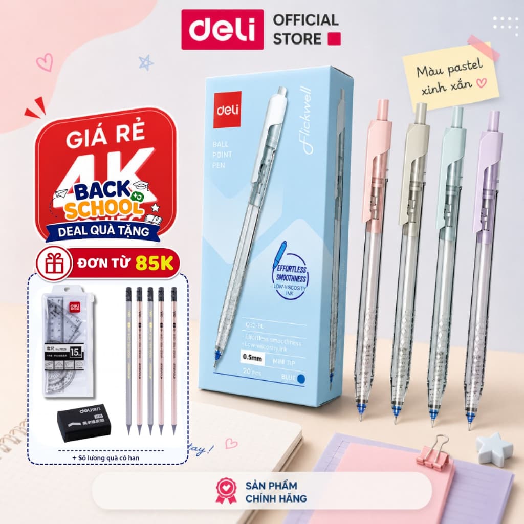 [🔥25/9 TẶNG COMBO QUÀ] Combo 5/10/20 Bút Bi Deli EQ32 Màu Pastel Ngòi 0.5mm Mực Xanh Cho Học Sinh Sinh Viên Văn Phòng