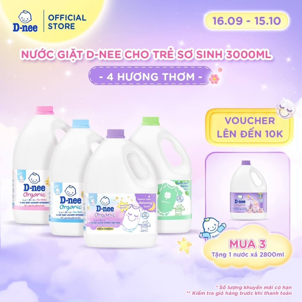 Nước giặt D-nee cho trẻ sơ sinh, mềm dịu, thơm nhẹ, không hư hại quần áo - Can 3000ml - 4 Hương thơm