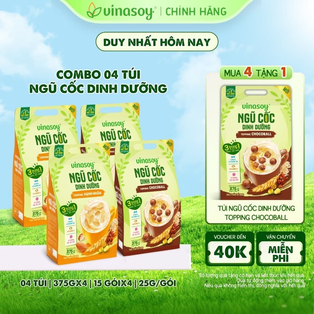 Combo 04 túi ngũ cốc dinh dưỡng Vinasoy Topping Hạnh Nhân/Chocoball (4 túi | 60 gói x 25g | 375gx4)