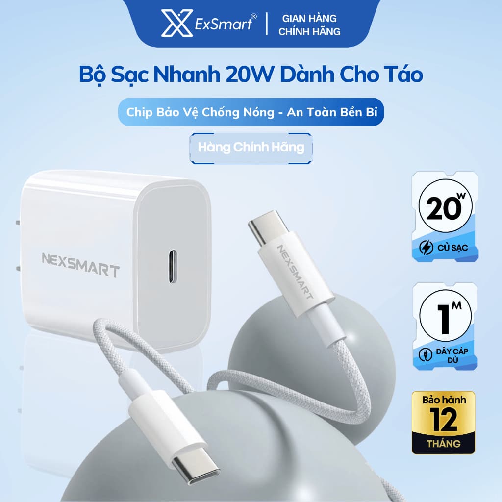 Củ Sạc Nhanh 20W Type C Exsmart Kèm Dây Bọc Dù Chip Bảo Vệ Chống Nóng Chống Gãy Gập An Toàn Sạc Qua Đêm BH 12T