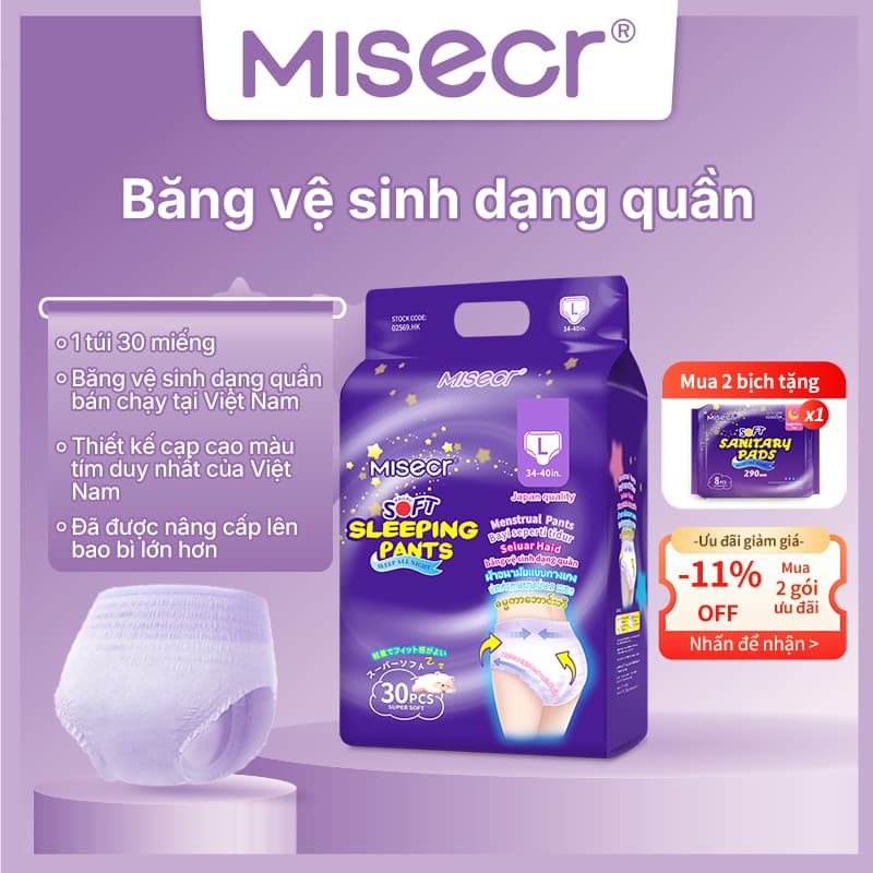 【Mua 2 tặng 1】Băng vệ sinh dạng quần Misecr, siêu mỏng, thoải mái, thấm hút tốt, 30 miếng/gói
