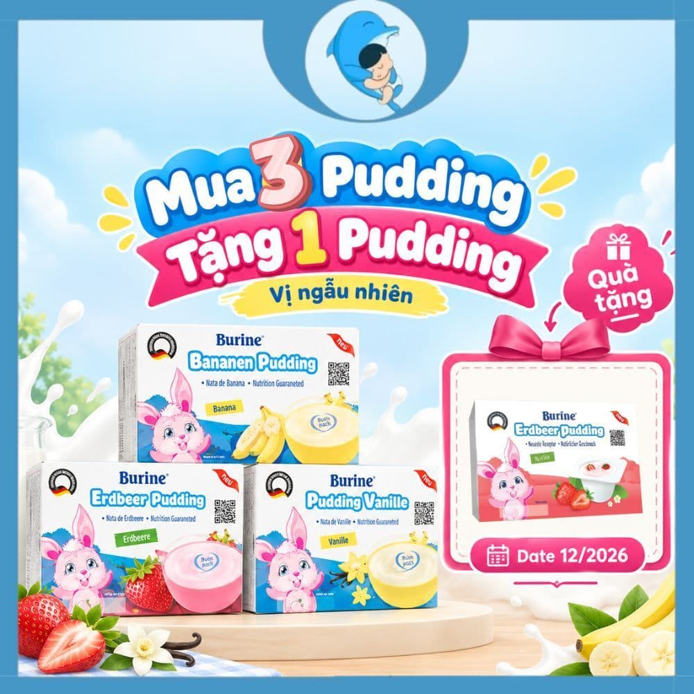 Pudding Burine vỉ 6 hộp x 50g vị Vani/Chuối/Dâu cho bé từ 6m+ MECAHEO
