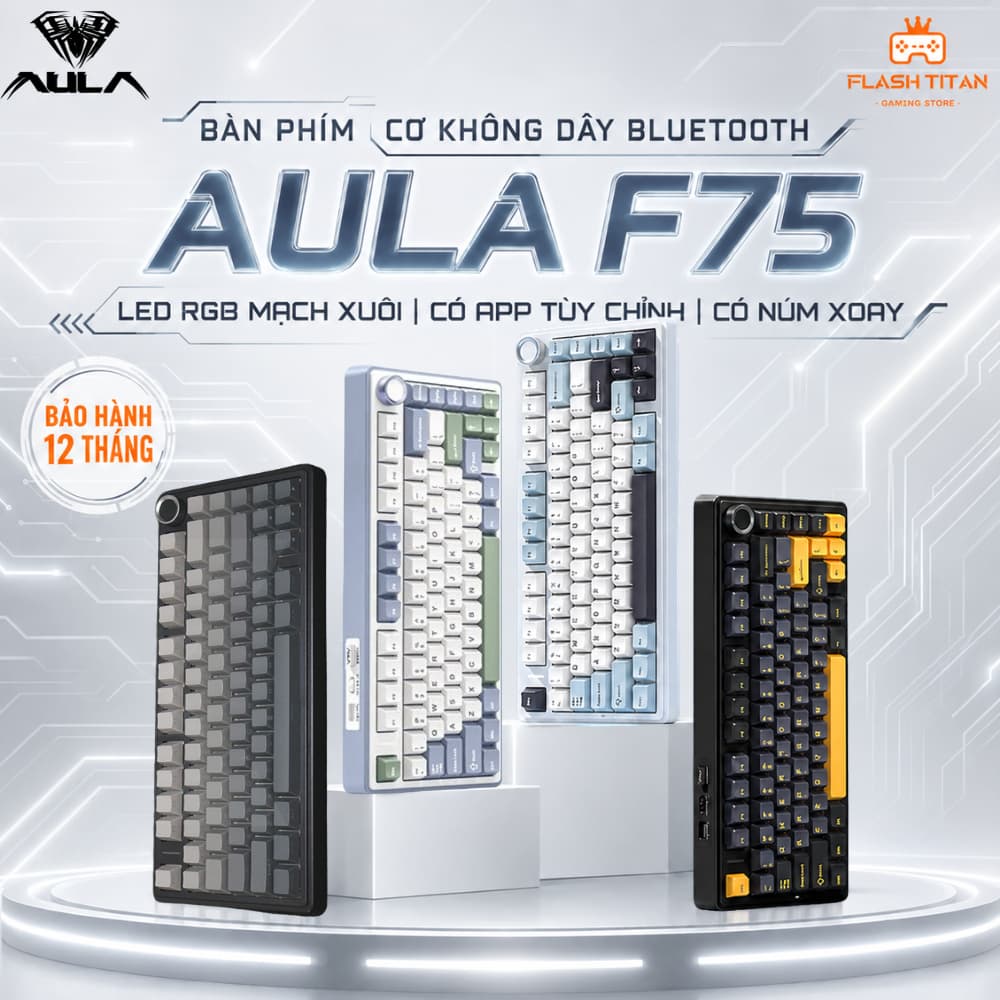 Bàn phím Cơ Không Dây AULA F75 PRO Kết nối Bluetooth, Có Núm Xoay Chỉnh Âm Lượng, Dùng Cho PC,Laptop Chơi Game Văn phòng
